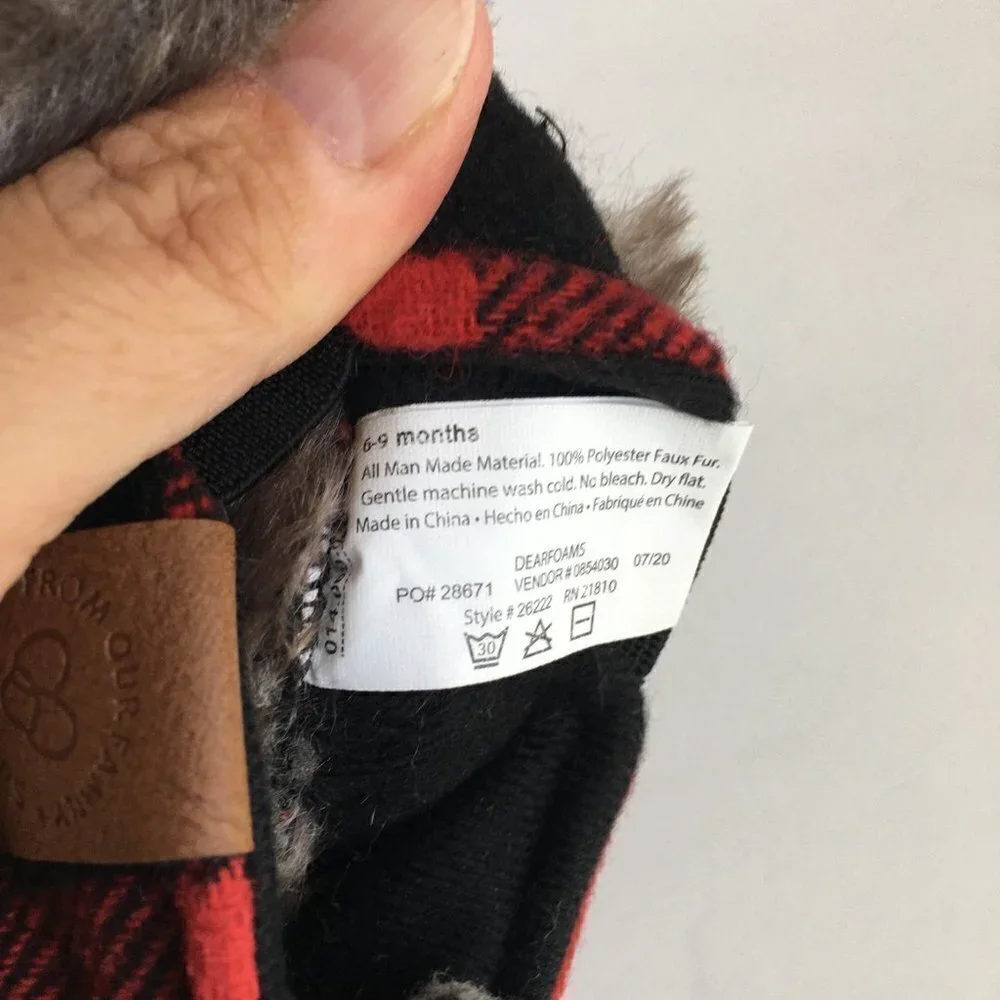 Dearfoams Christmas Baby Bear Red Black Buffalo Plaid Slippers - Size 6-9 Months